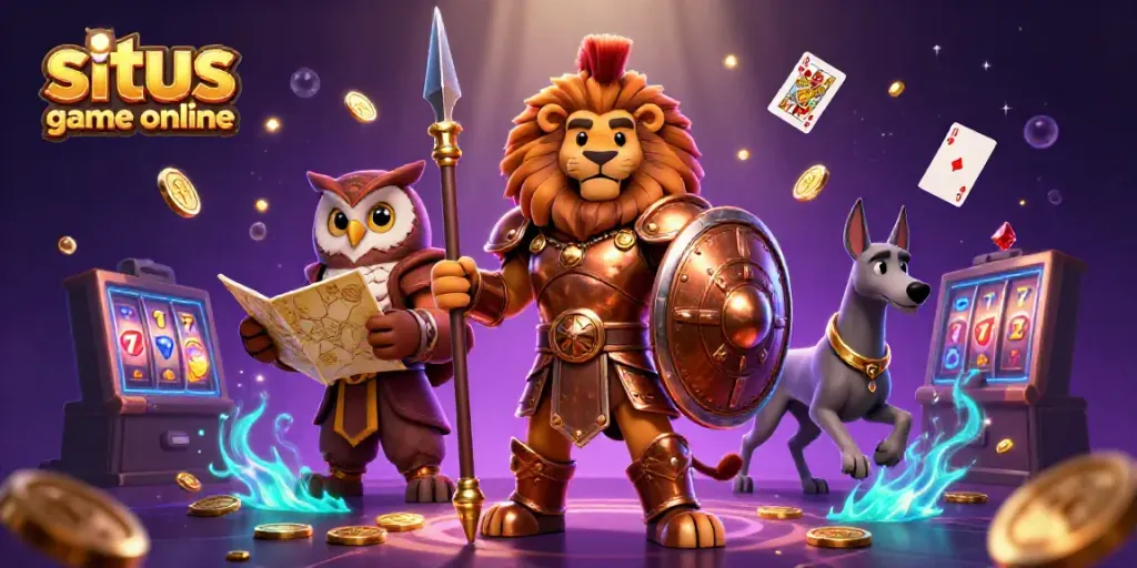 Experience thrilling action in situs game online with a courageous lion, wise owl, and swift greyhound amidst a vibrant gambling scene.