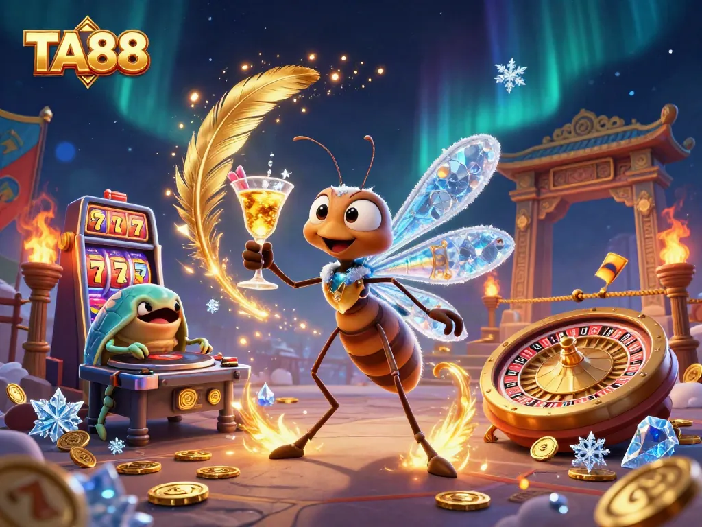 Experience thrilling gaming action at TA88 with a captivating scene of a frozen-in-amber mosquito as a mascot.
