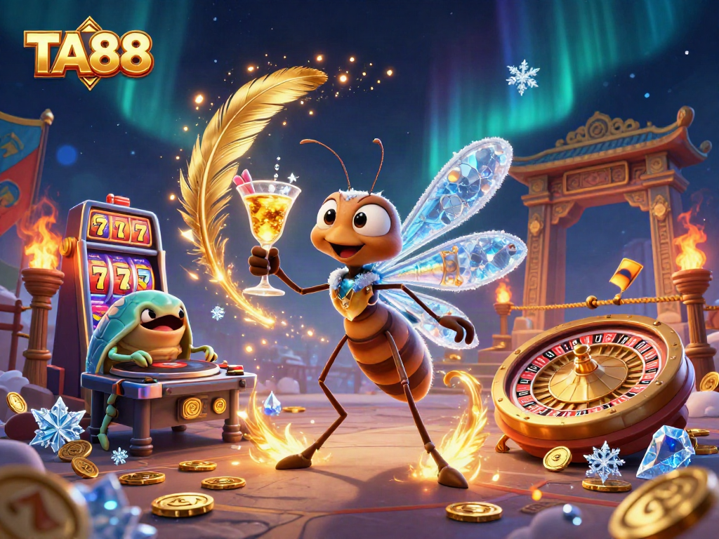 Experience thrilling gaming action at TA88 with a captivating scene of a frozen-in-amber mosquito as a mascot.