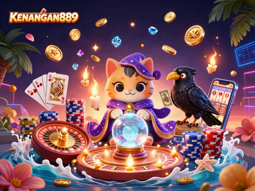 Spin the reels at KENANGAN889 with mysterious characters dancing among coins and cards.