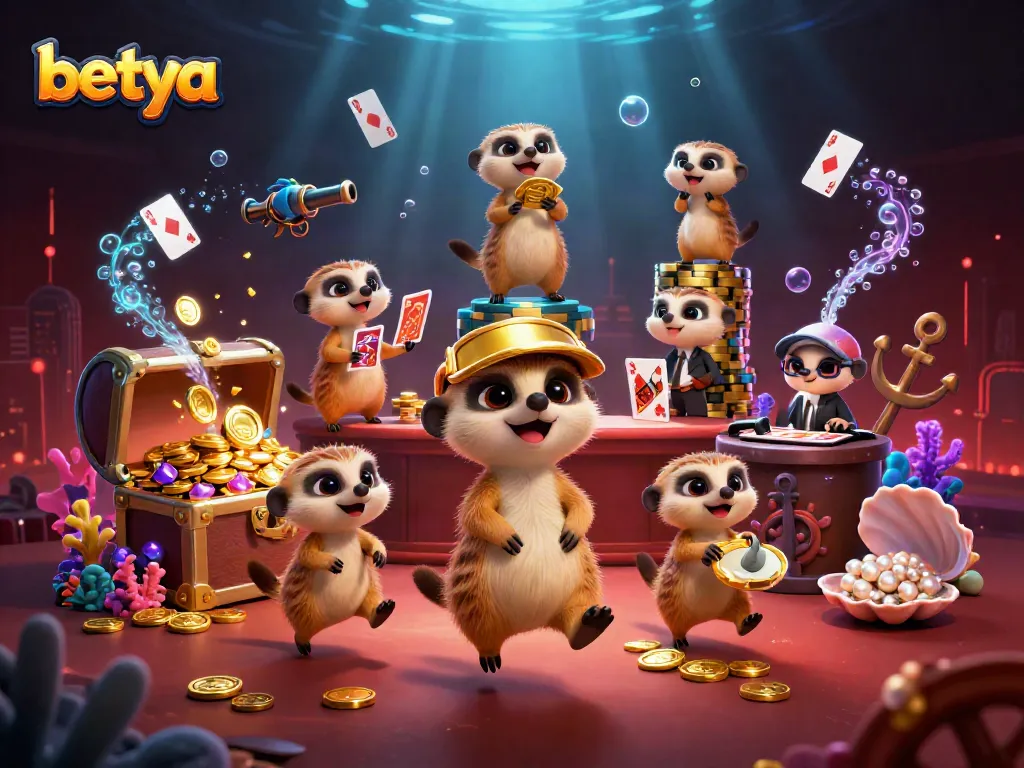 Betya meerkats running a casino operation amidst vibrant underwater treasures and card games.