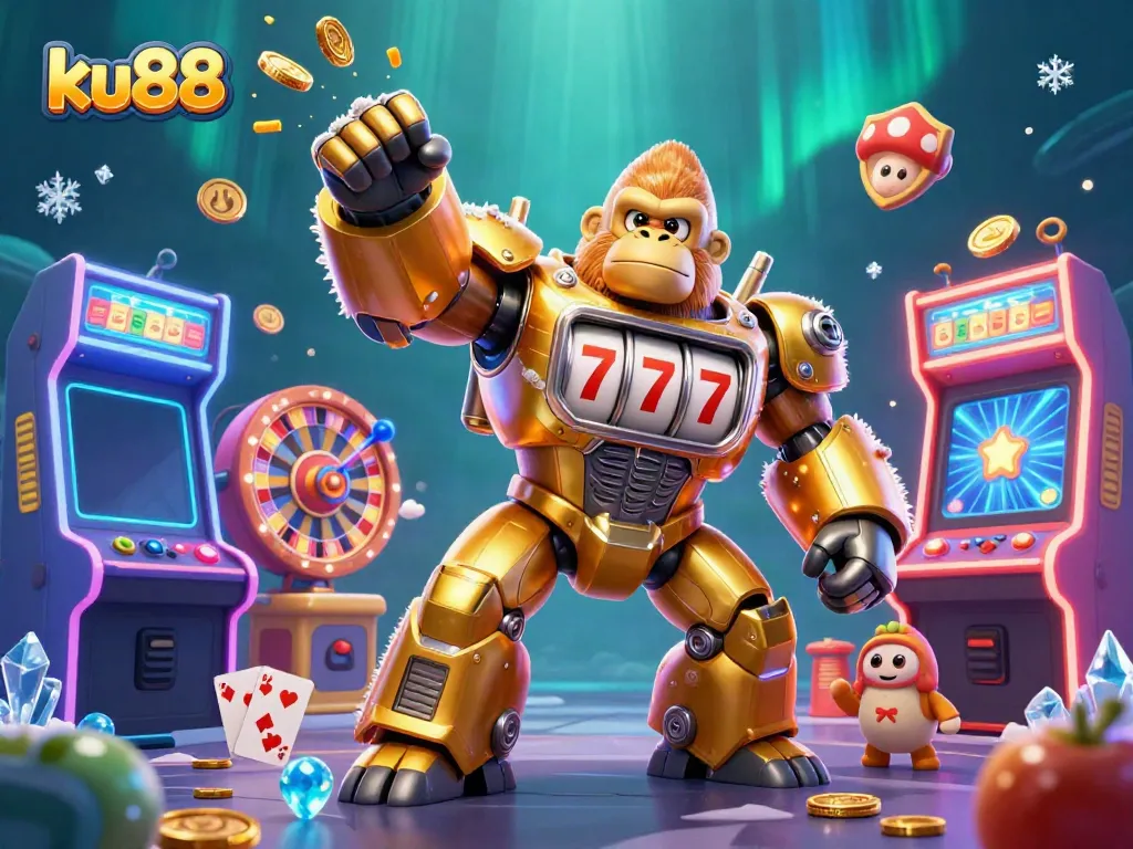 Engage with ku88's vibrant casino atmosphere, featuring a golden gorilla mech amidst arcade elements and symbols.