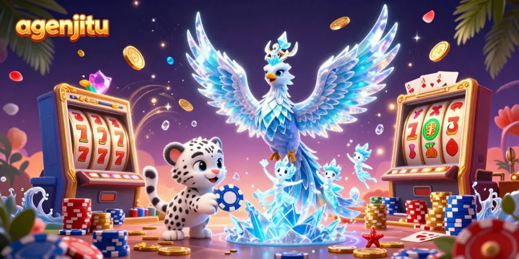 Gambaran agenjitu dengan phoenix es 3D dan chip poker dalam suasana kasino yang berwarna-warni.