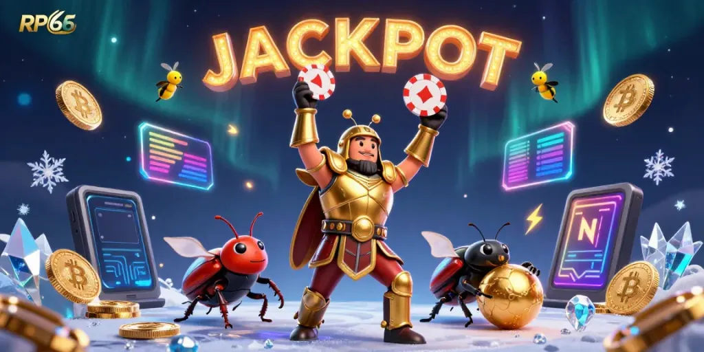 Experience the thrill of RP66 with cartoon characters celebrating a casino jackpot in a vibrant 3D scene.