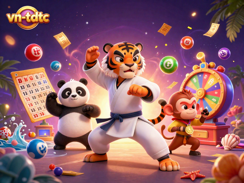 Engage with vn-tdtc as a kung fu tiger master and friends in a vibrant lottery-themed scene.