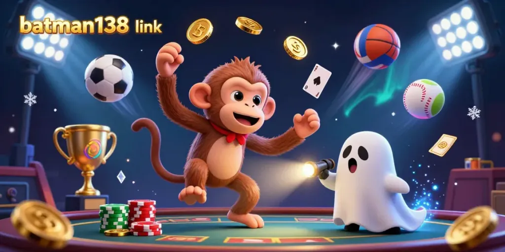 Engaging illustration showcasing batman138 link with a poltergeist monkey juggling casino elements while a puppy tracks it.