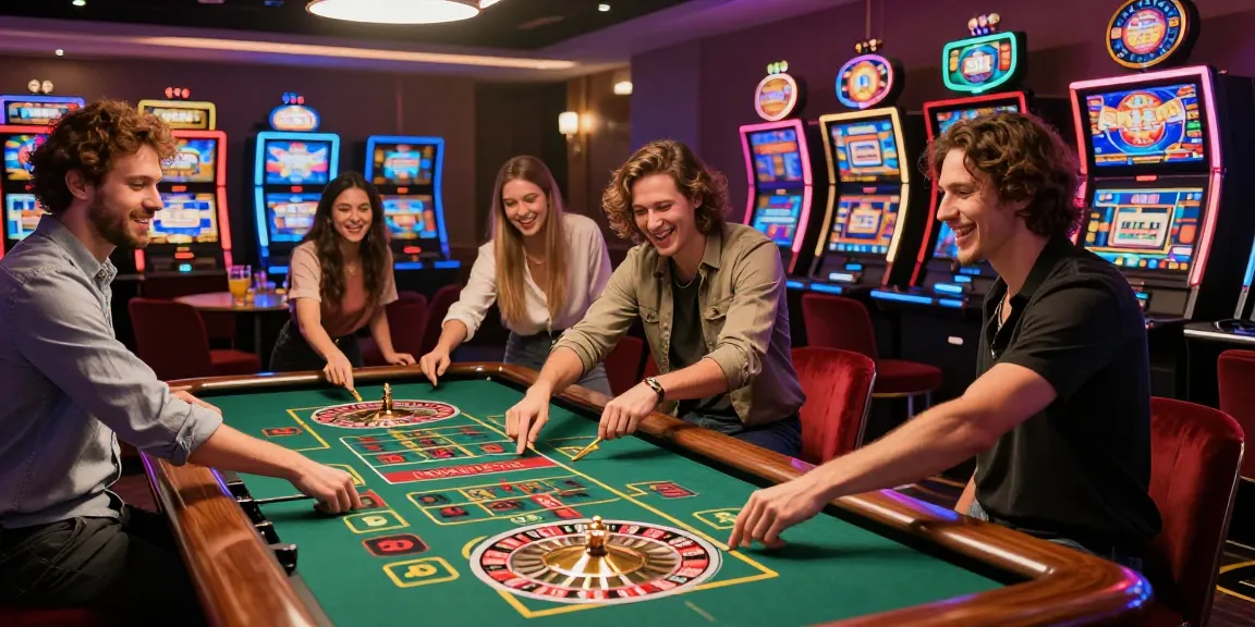 Akujp gaming excitement in a vibrant casino scene with friends at the roulette table, showcasing dynamic gaming atmosphere.
