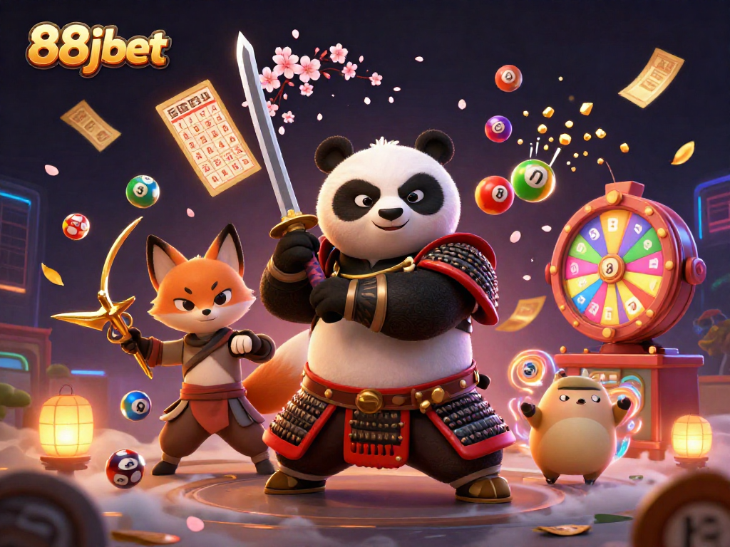 Experience thrilling gaming excitement with 88jbet's dynamic gambling scene featuring samurai panda and ninja fox.
