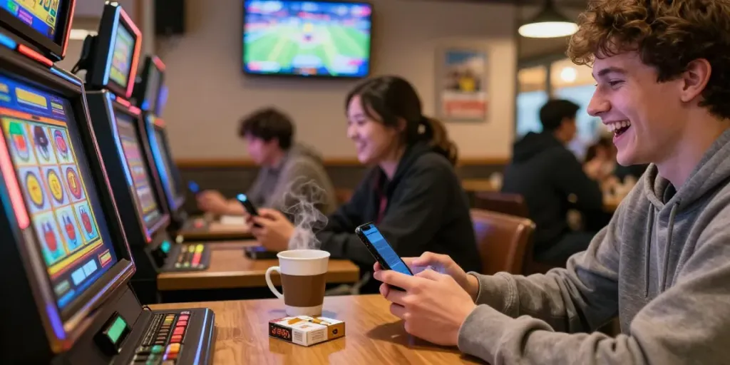 Players enjoying luxury12 slot games in a cozy cafe setting with coffee.