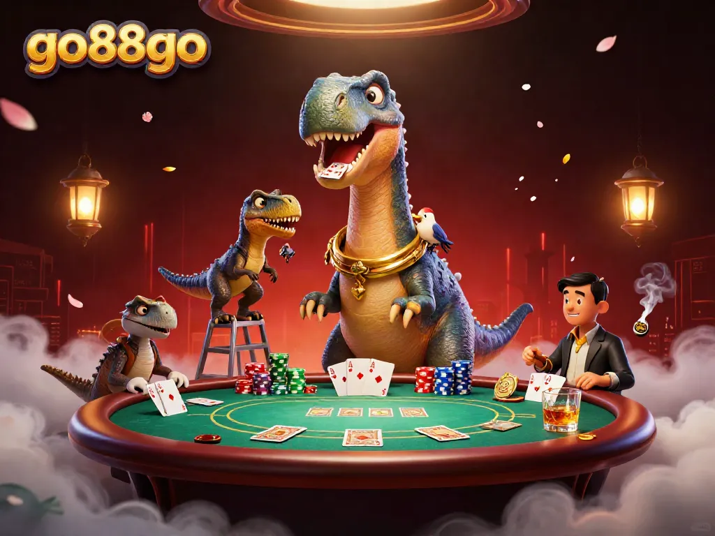 Enjoy dynamic poker action at go88go with playful dinosaurs in a vibrant 3D casino scene.