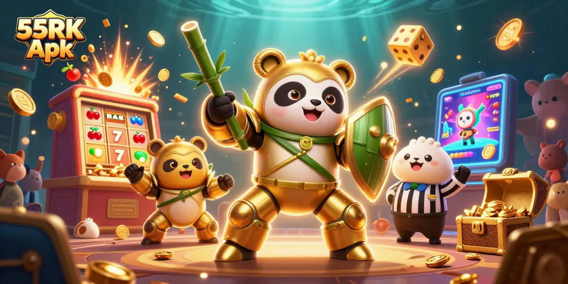 Experience thrilling wins with 55RK Apk as a vibrant 3D panda battles for jackpots amidst casino excitement.