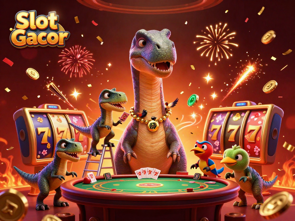 Experience the excitement of Slot Gacor with majestic characters and vibrant casino elements in a dynamic illustration.