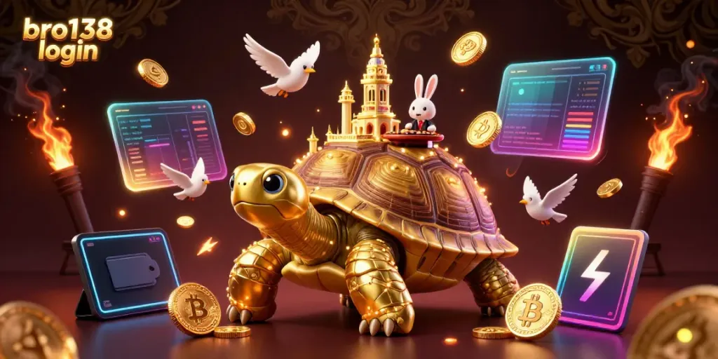 Experience seamless gaming with bro138 login amidst vibrant golden elements and thrilling casino visuals.
