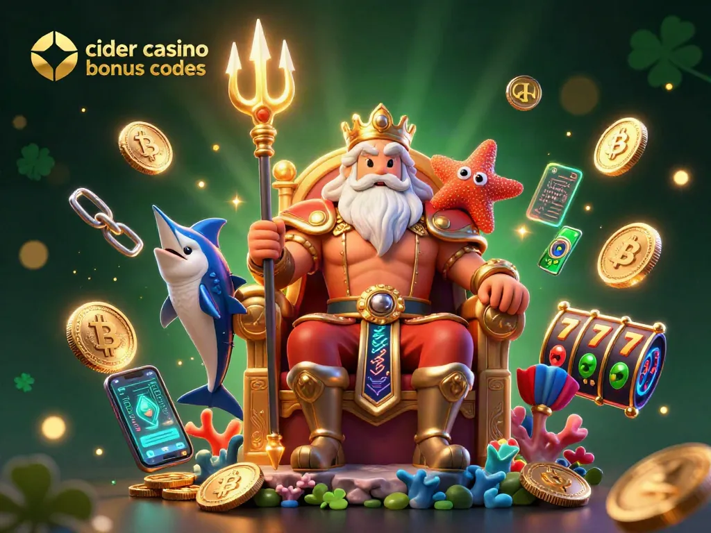 Engage with cider casino bonus codes through an energetic scene featuring Neptune, a swordfish samurai, and vibrant casino elements.