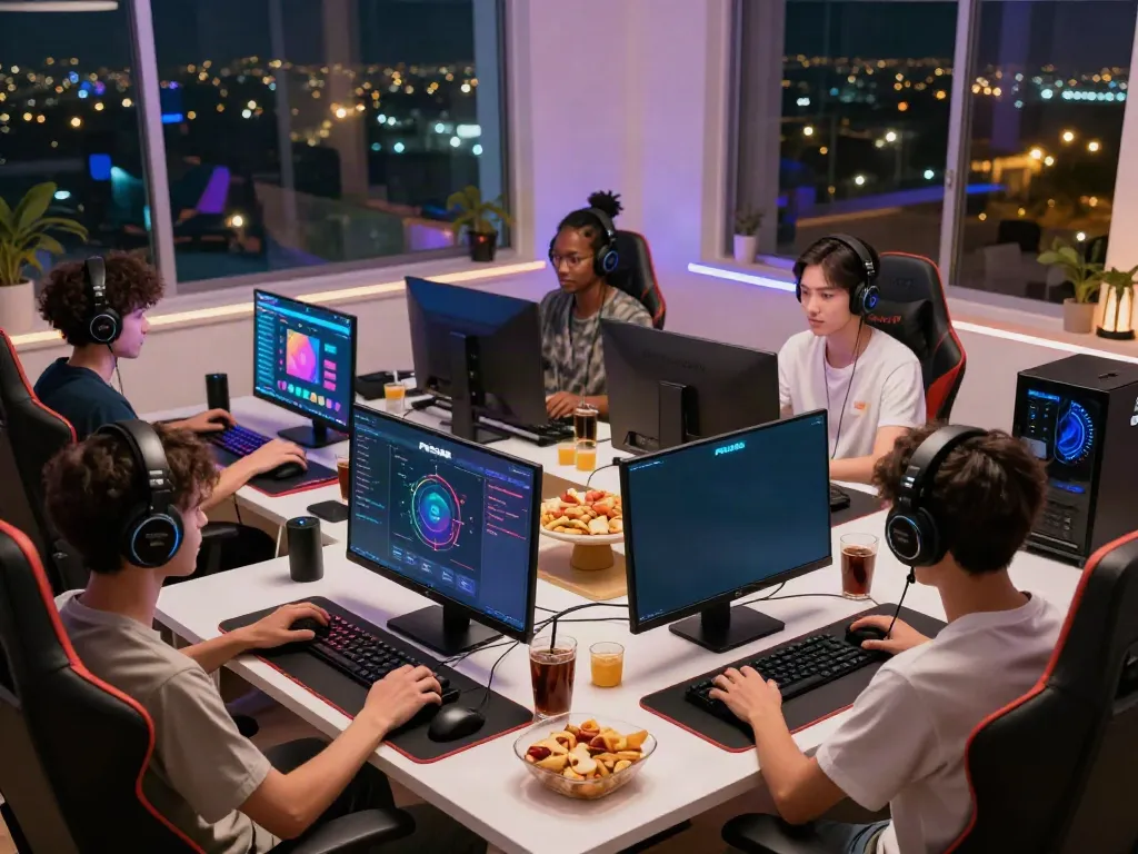 Engaging scene of players using POKA88 link login on high-end gaming devices in a cozy home setting.