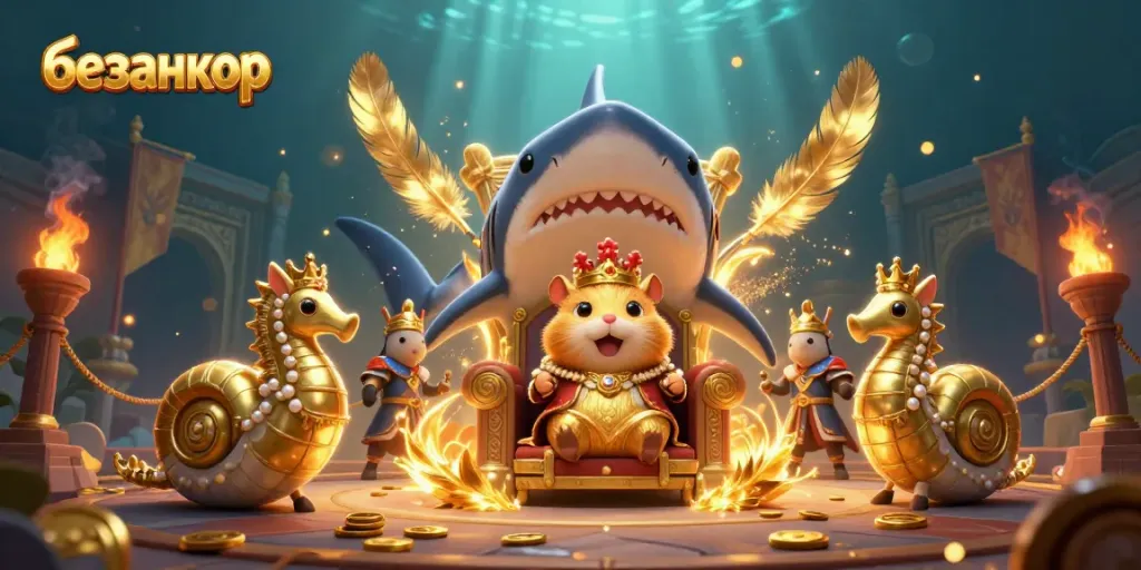 Engage with безанкор, featuring a tiny golden hamster king on a megalodon tooth throne amidst dynamic gambling elements.