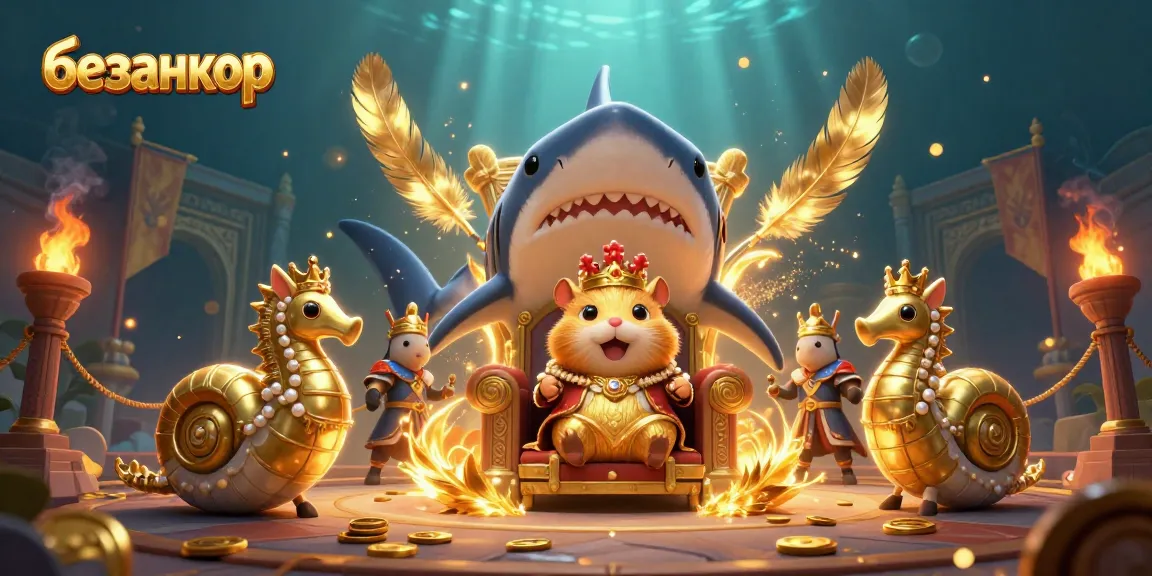 Engage with безанкор, featuring a tiny golden hamster king on a megalodon tooth throne amidst dynamic gambling elements.