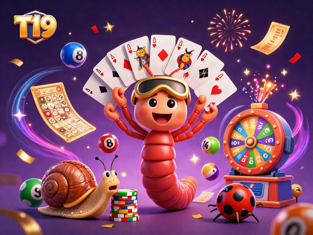 T19 captures excitement with a vibrant scene of a dealer, high-roller snail, and animated elements.