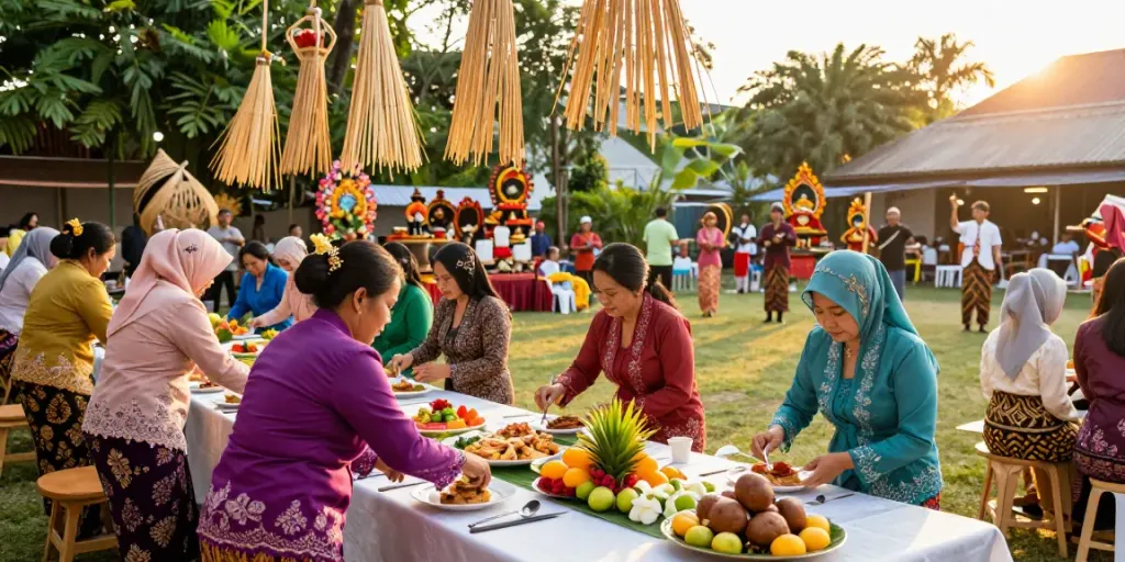 Nyonya4d festival scene showcasing women in traditional attire preparing festive dishes.