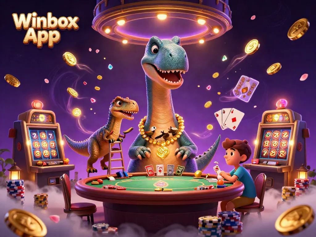 Using the Winbox App enhances your gaming experience as the brontosaurus looks over the poker table.