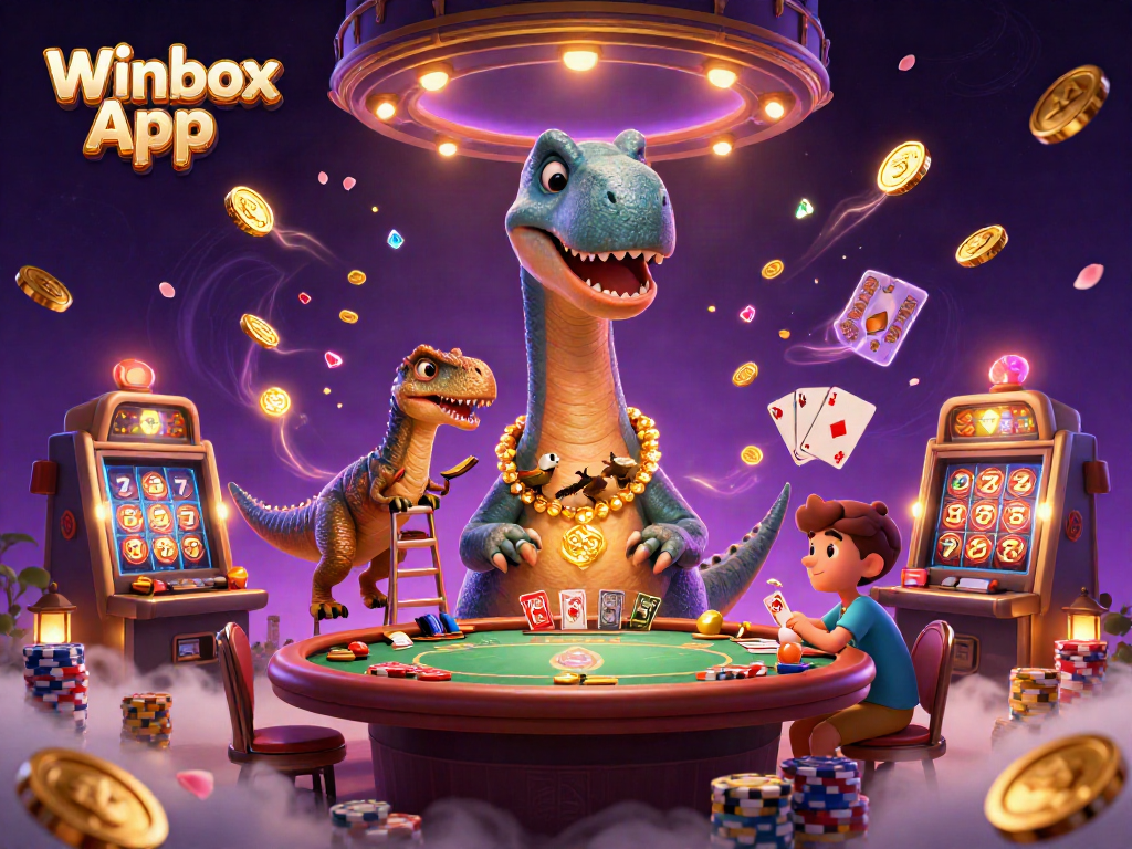 Using the Winbox App enhances your gaming experience as the brontosaurus looks over the poker table.