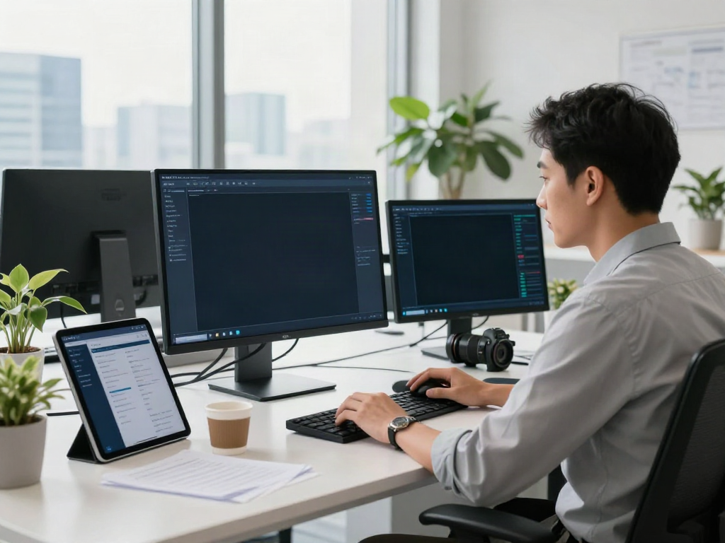 A tech professional engaging with the A80 information platform at a modern office workstation, highlighting analytics and data insights.