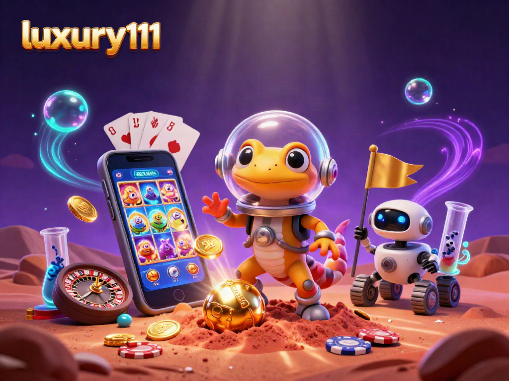 Experience luxury111 with a Martian gecko exploring a golden casino amidst vibrant gambling elements.