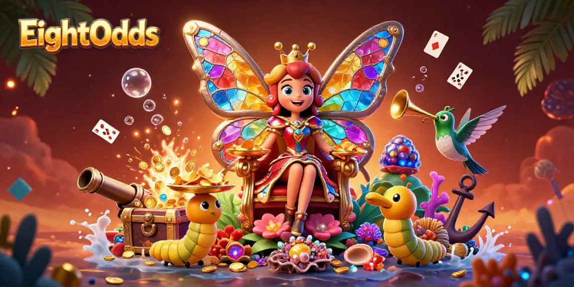 Experience the magic of EightOdds' vibrant casino scene with a butterfly queen and treasure.
