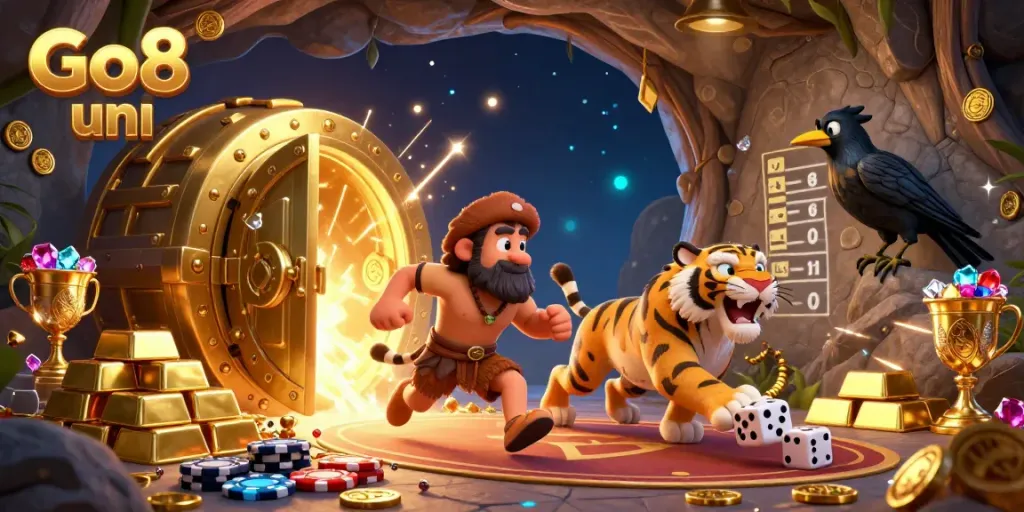 Experience excitement at Go8 uni's prehistoric casino, featuring caveman duo and vibrant treasure elements.