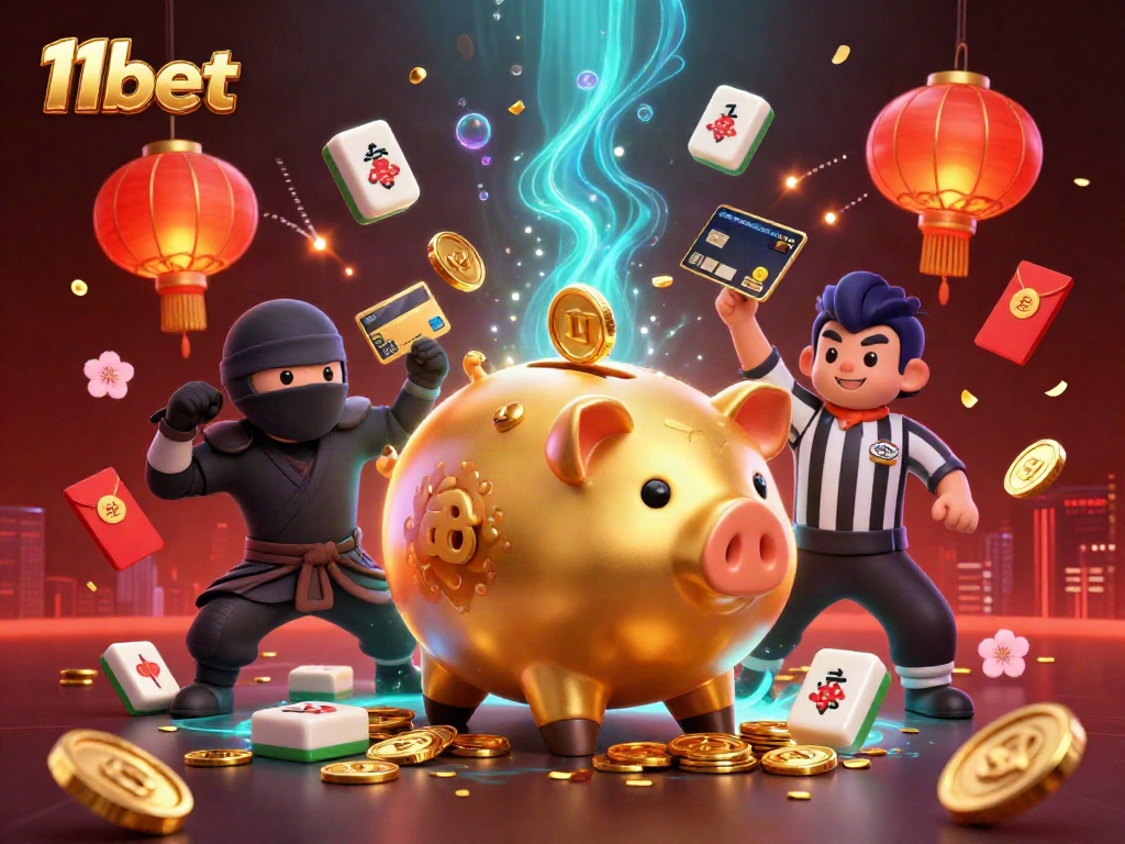 Celebrate wins at 11bet with the vibrant casino scene featuring golden piggy bank sumo wrestler.