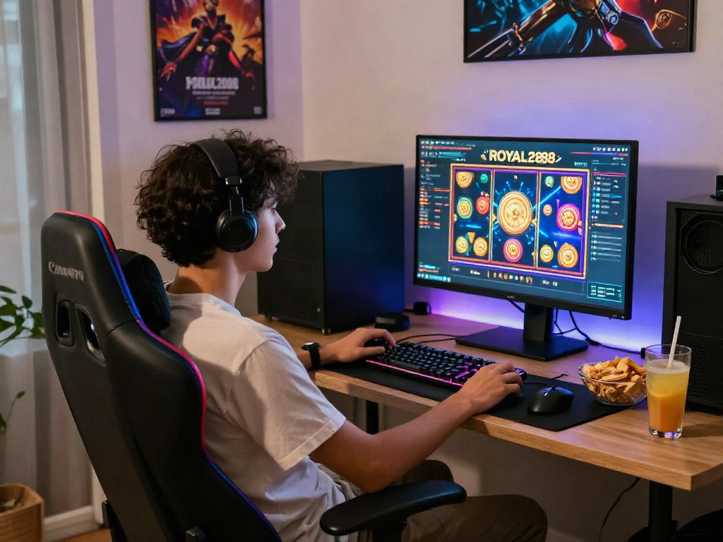 Menampilkan penggemar ROYAL288 bermain slot online dalam suasana nyaman dengan pencahayaan lembut.