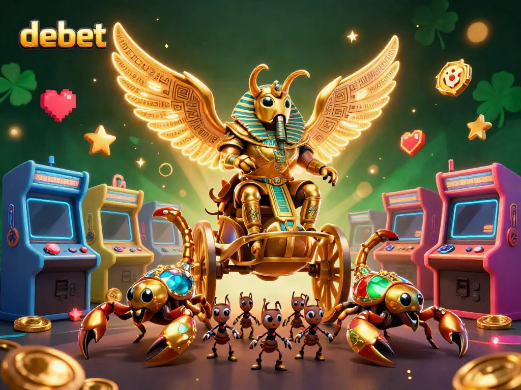 Experience thrilling casino action with debet's vibrant characters, golden scarab, and scorpion chariot.