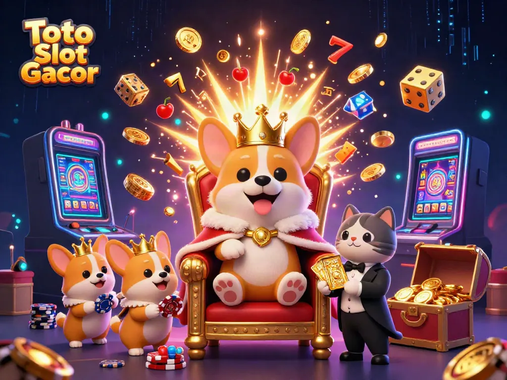 Toto Slot Gacor menampilkan corgi kerajaan yang mengenakan mahkota emas, dikelilingi mesin slot yang meledak dengan koin dan simbol keberuntungan.
