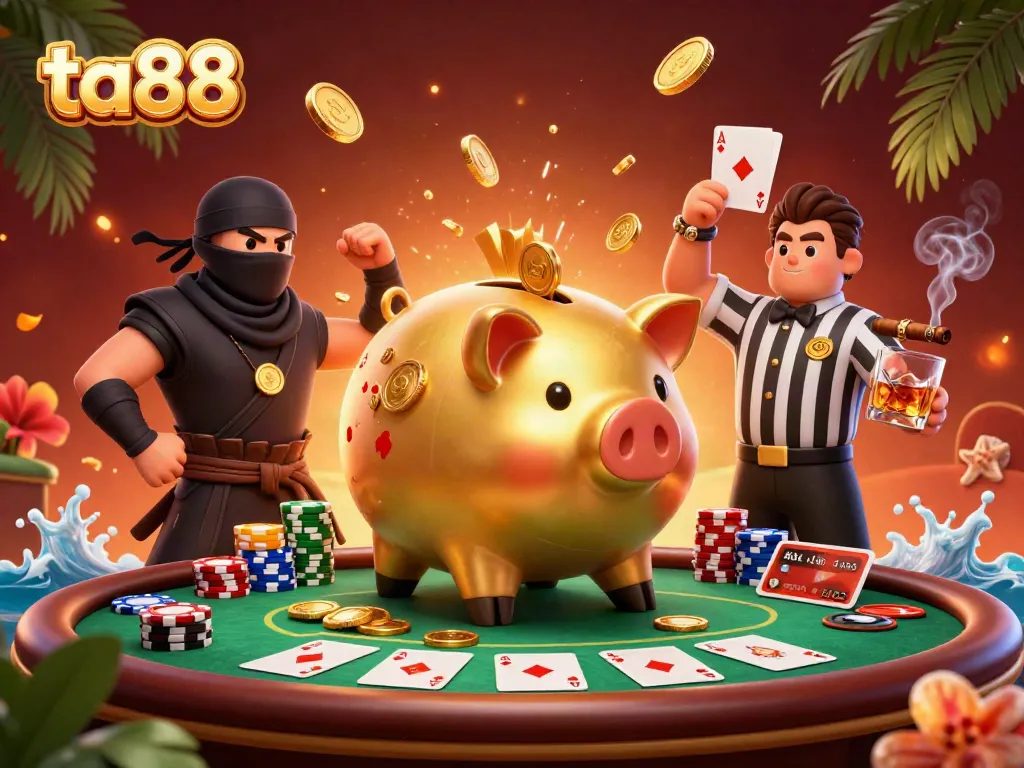 Experience the excitement of ta88 with a dynamic illustration featuring a golden piggy bank sumo wrestler amid poker action.