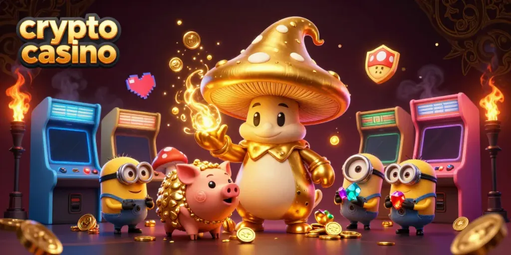 Engage in thrilling action at a vibrant crypto casino featuring magical elements and arcade games.