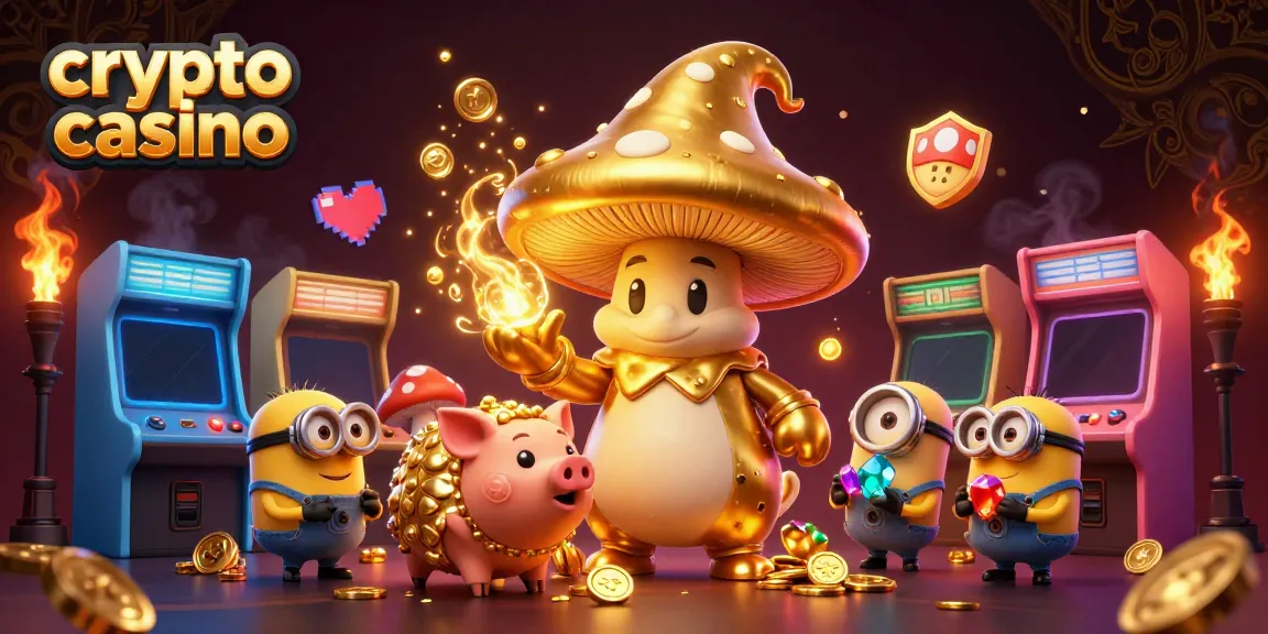 Engage in thrilling action at a vibrant crypto casino featuring magical elements and arcade games.
