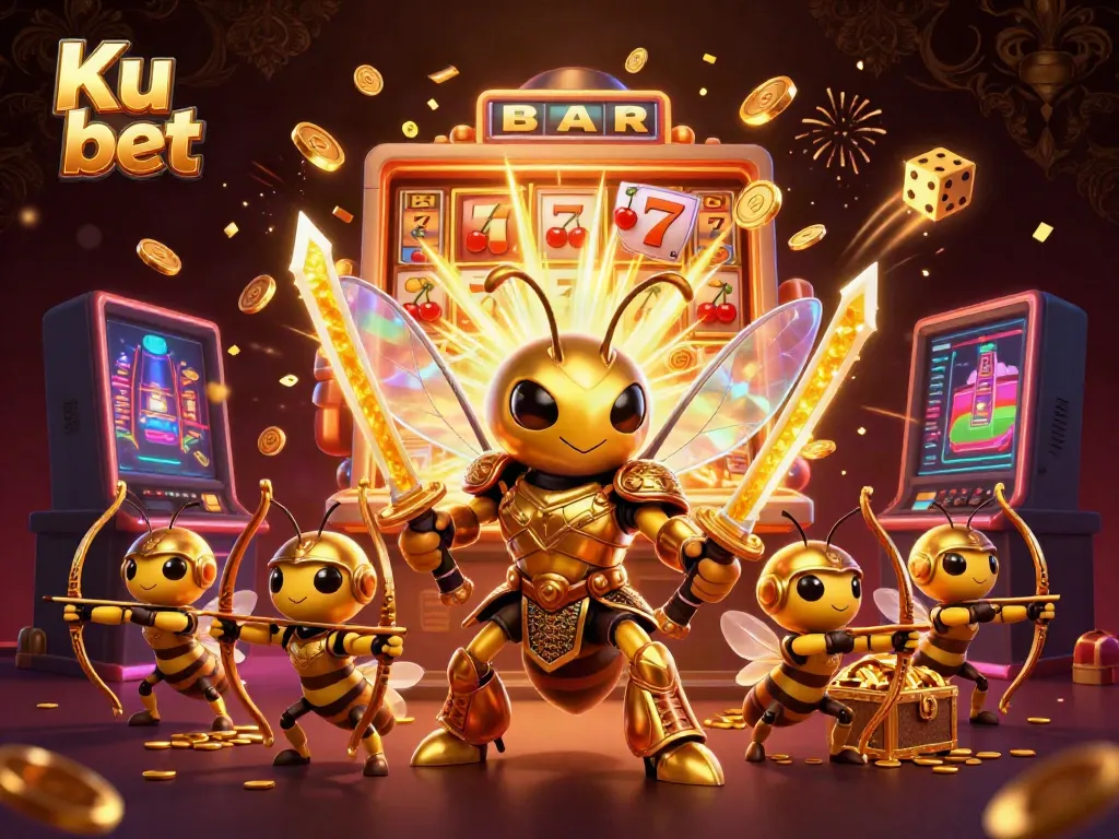 Experience the thrill of Ku bet with a giant hornet samurai amid vibrant casino elements.