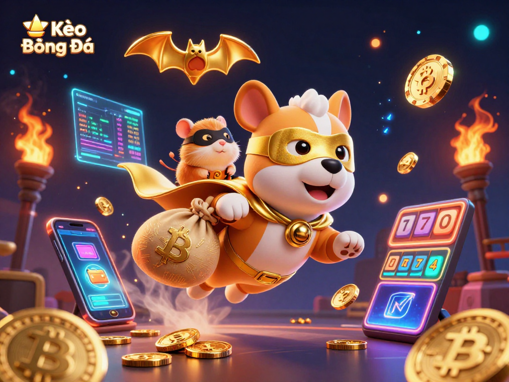 Kèo Bóng Đá showcases a superhero dog with gold coins among vibrant gambling elements.