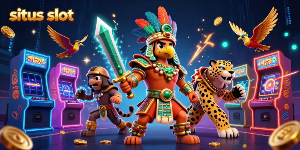 Engage with situs slot in a vibrant casino scene featuring Aztec warriors and colorful slot machine elements.