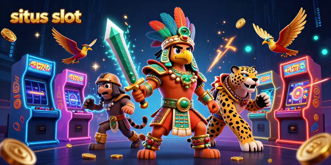 Engage with situs slot in a vibrant casino scene featuring Aztec warriors and colorful slot machine elements.