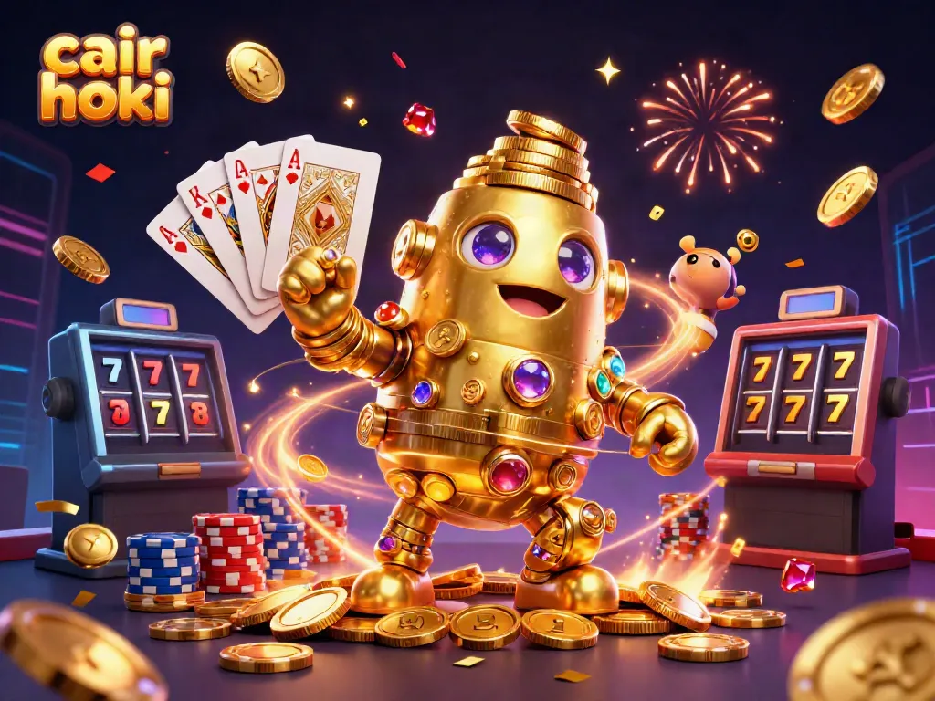 Cair hoki menghadirkan keseruan permainan online dengan simbol slot dan koin emas berkilau.