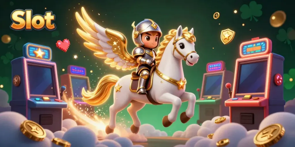 Spin the reels with Slot action, featuring a magical horse and knight amidst a vibrant casino scene.