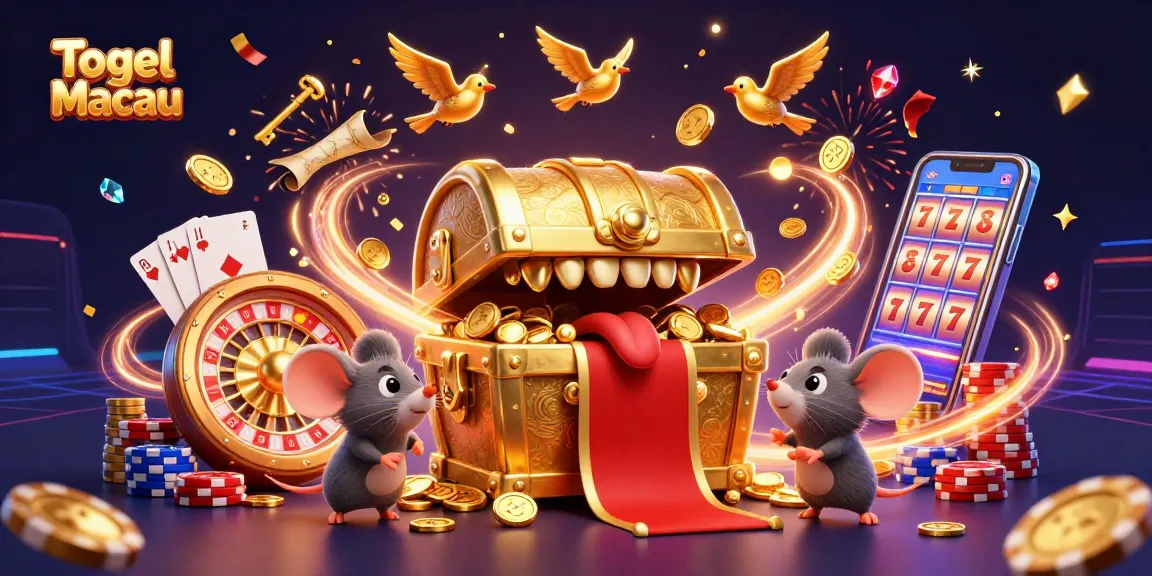Togel Macau showcases an adventurous casino scene with a golden treasure chest, sparkling gems, and vibrant casino elements.