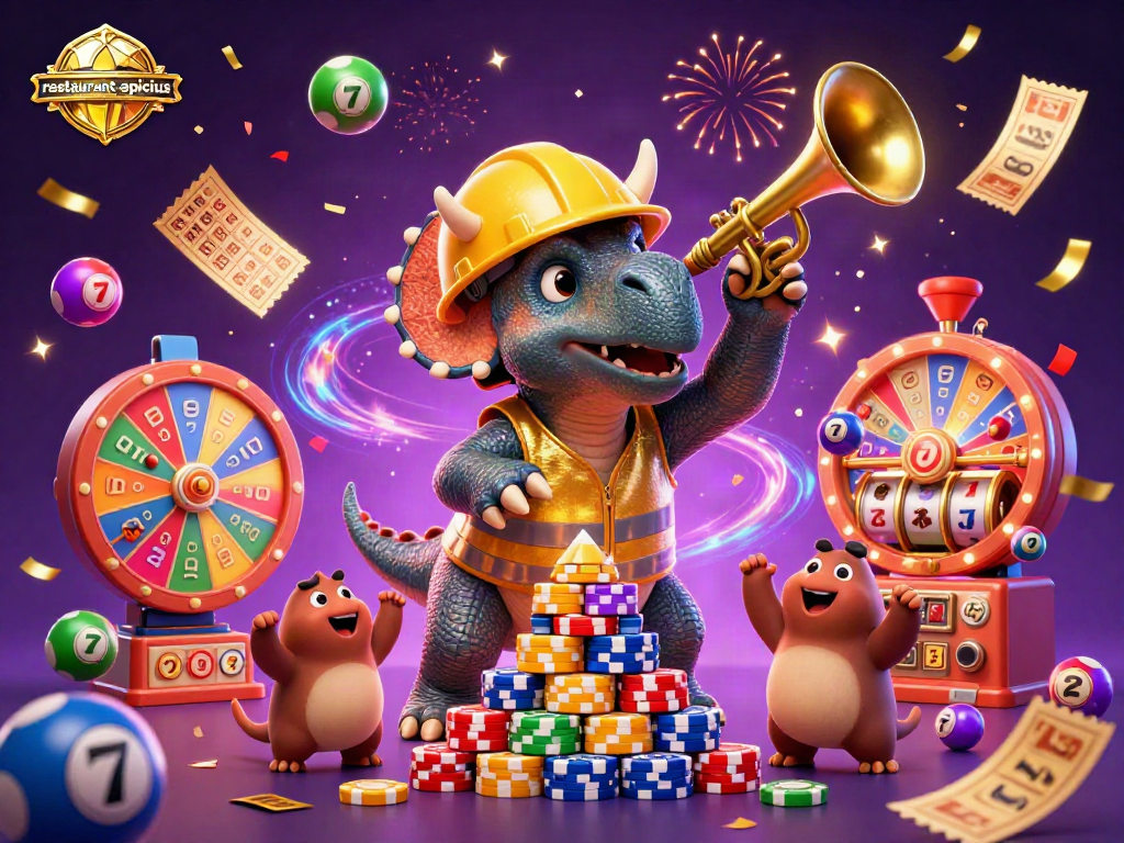 Watch the restaurant-apicius triceratops build a winning poker chip pyramid amidst vibrant gambling elements.