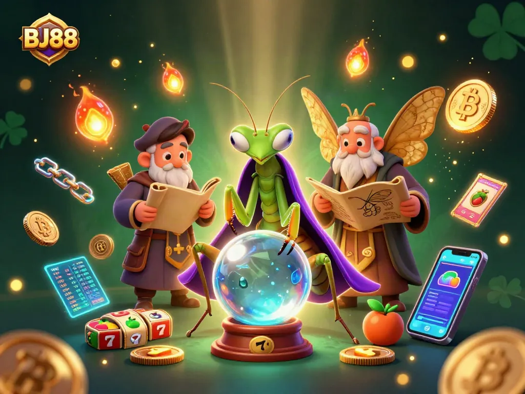 Experience thrilling gaming moments at BJ88 with vibrant slot reels and crypto elements in a mystical setting.