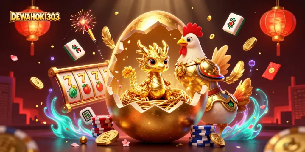 DEWAHOKI303 menghadirkan aksi seru dengan naga emas dan chip poker di latar belakang kasino.