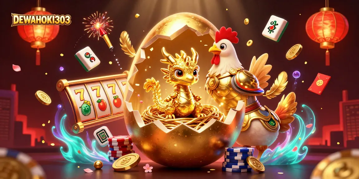 DEWAHOKI303 menghadirkan aksi seru dengan naga emas dan chip poker di latar belakang kasino.