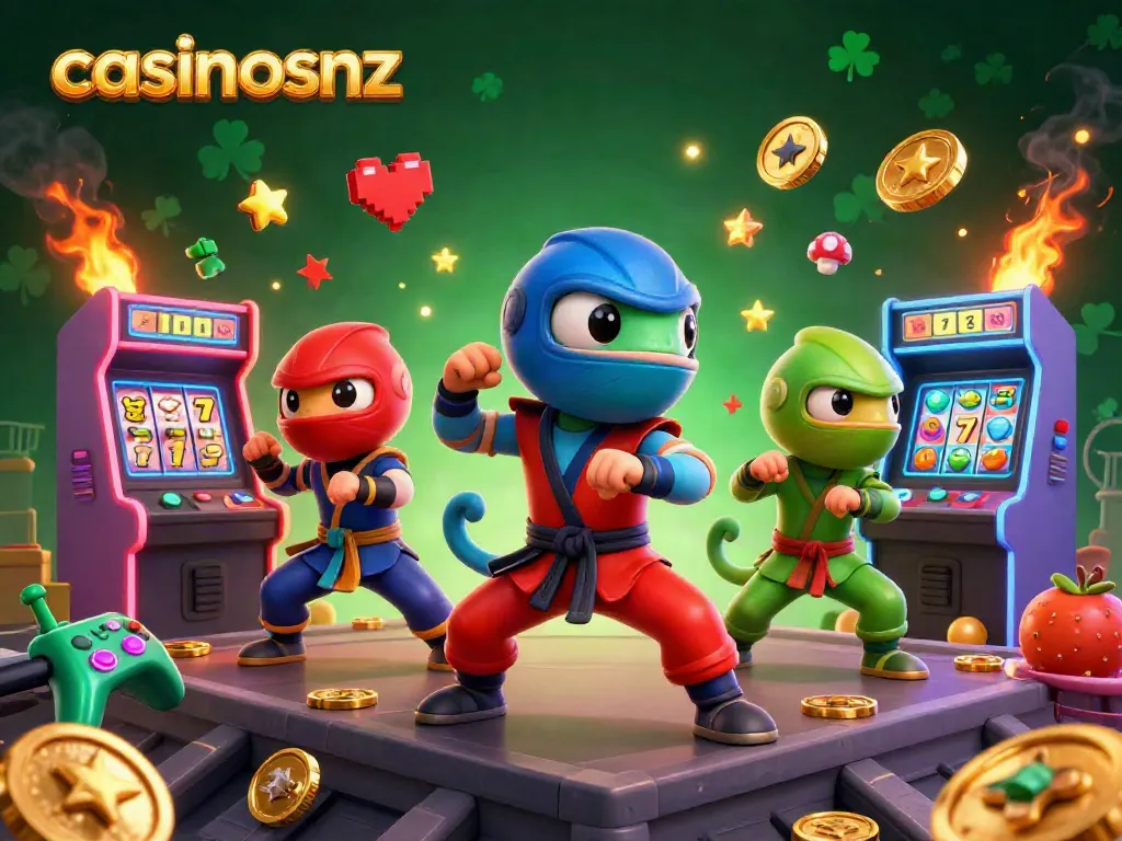 Dynamic action of chameleon ninjas celebrating at casinosnz with gaming elements and vibrant colors.