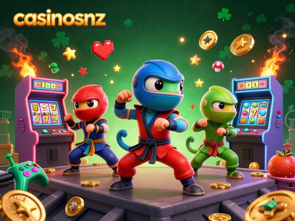 Dynamic action of chameleon ninjas celebrating at casinosnz with gaming elements and vibrant colors.