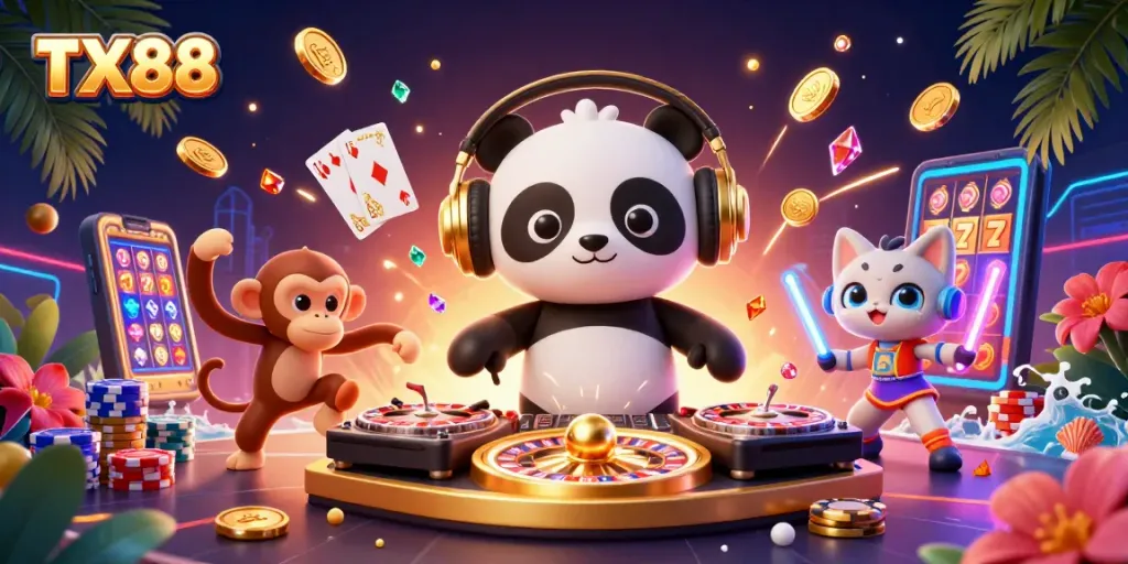 Engage in the excitement of TX88 with a vibrant 3D scene featuring a DJ panda and casino elements.